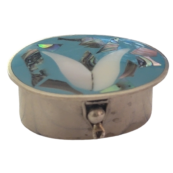 Alpaca Mexico Abalone Floral Inlay Pill Box Hinged Snuff Trinket Vintage Silver - Picture 1 of 17